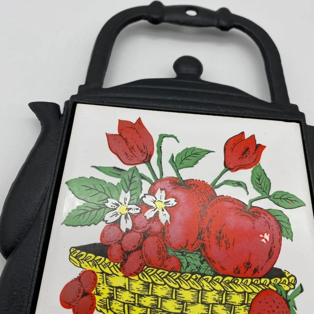 Vintage metal‎ tea kettle tile trivet Made Taiwan Apple rose basket fruit
